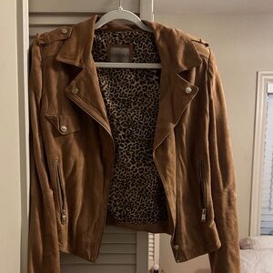 Guess Tan Leather Jacket with Leopard Lining